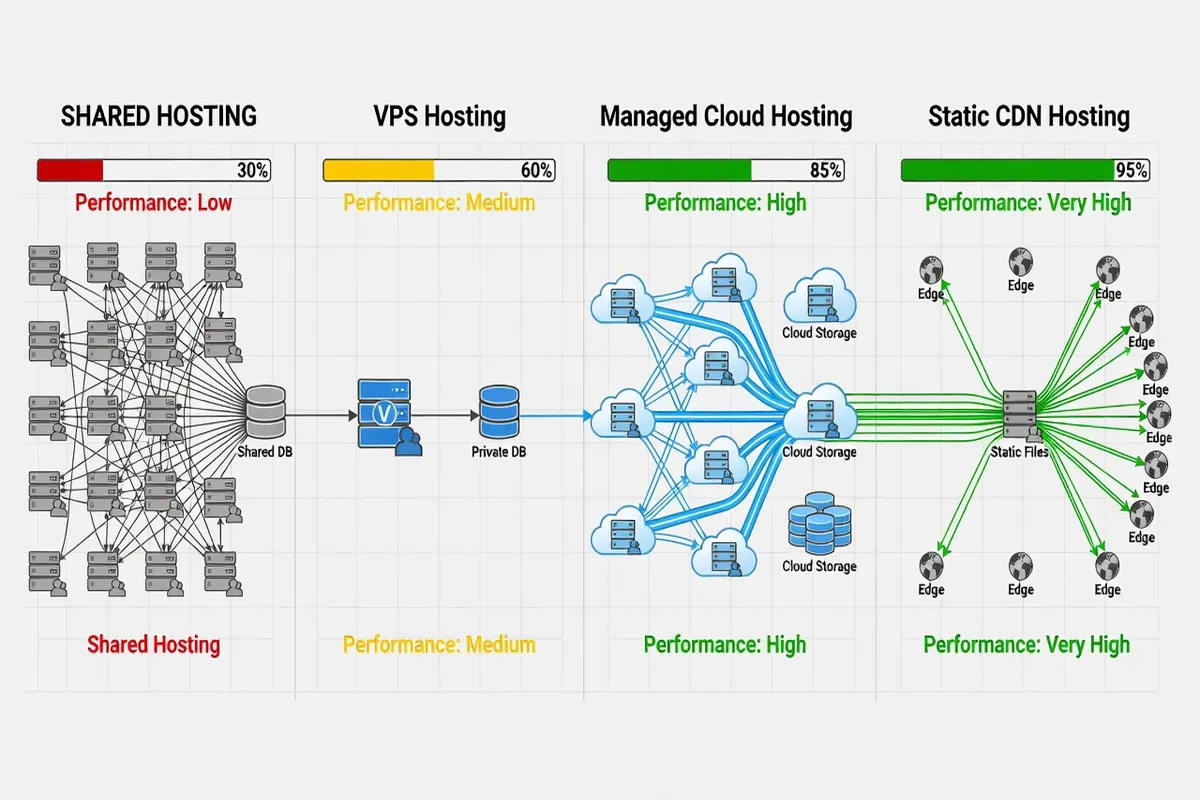 Comparaison des architectures d’hébergement : mutualisé, VPS, cloud managé et statique CDN