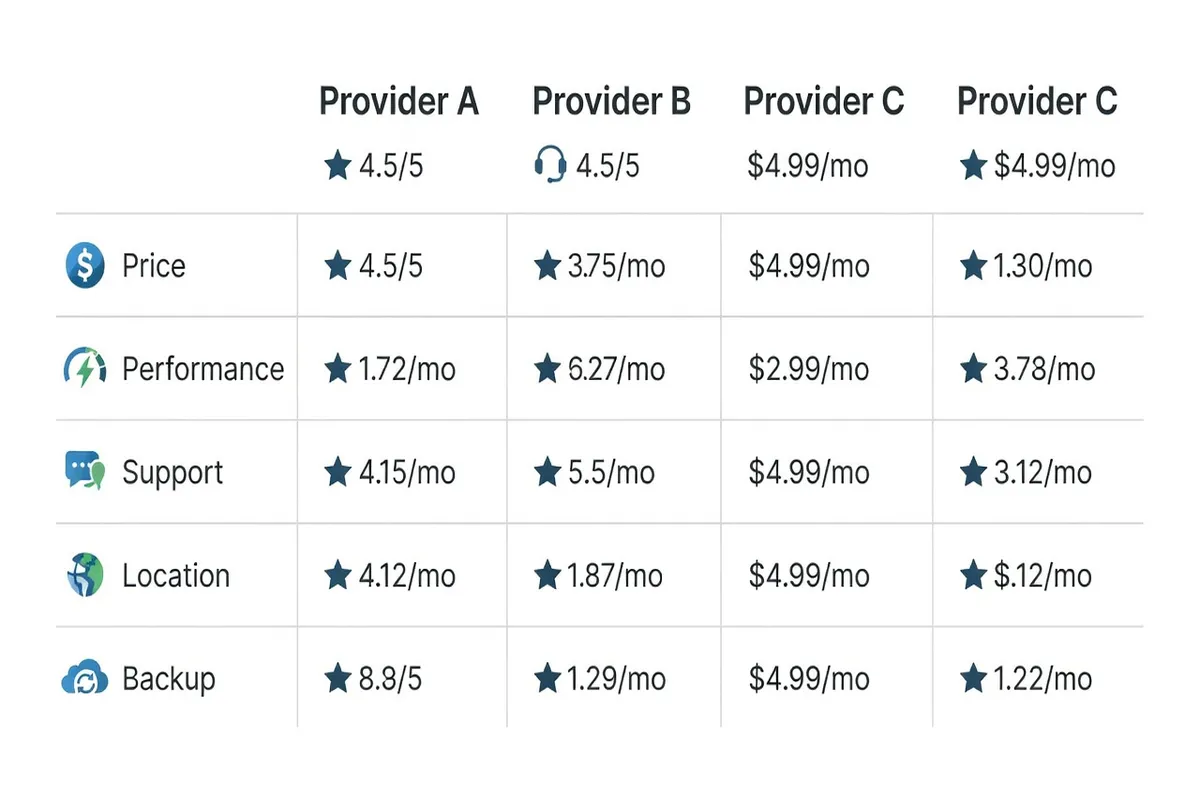Tableau comparatif des critères de choix hébergeur : prix, performances, support, localisation et backup