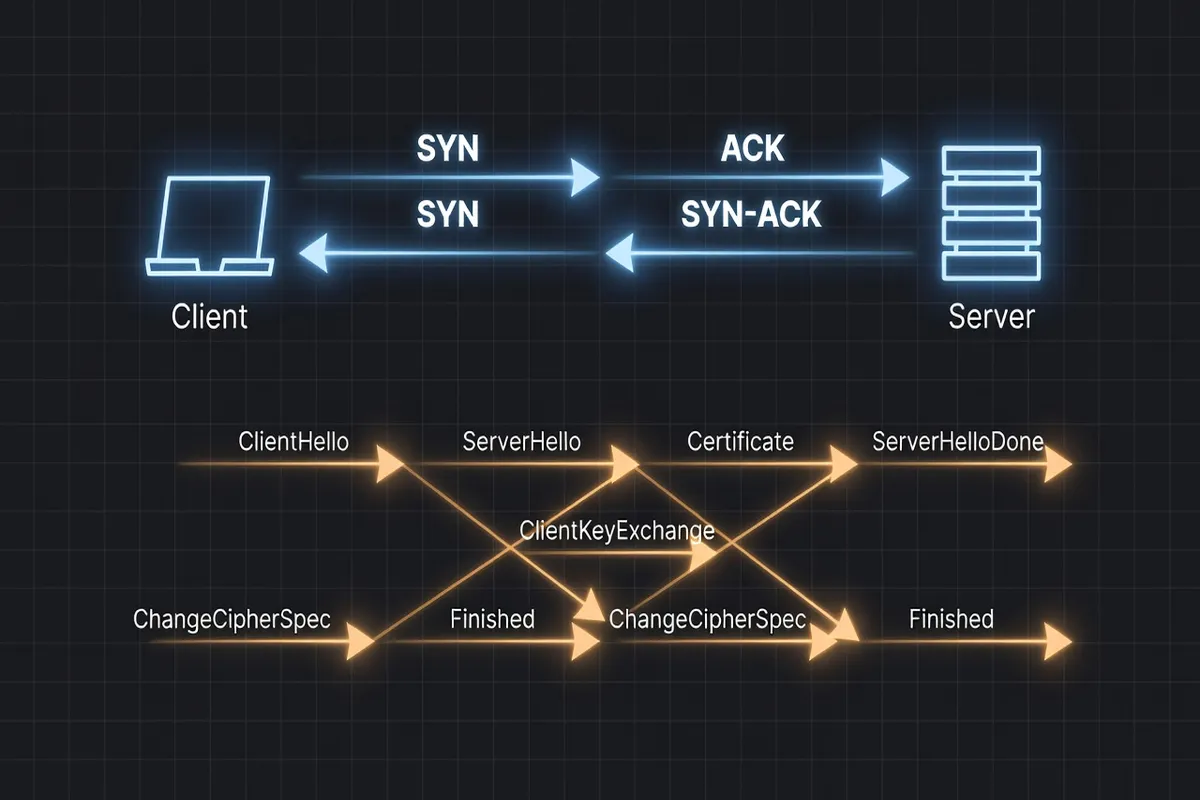 Diagramme du three-way handshake TCP et du handshake TLS lors d’une connexion HTTPS