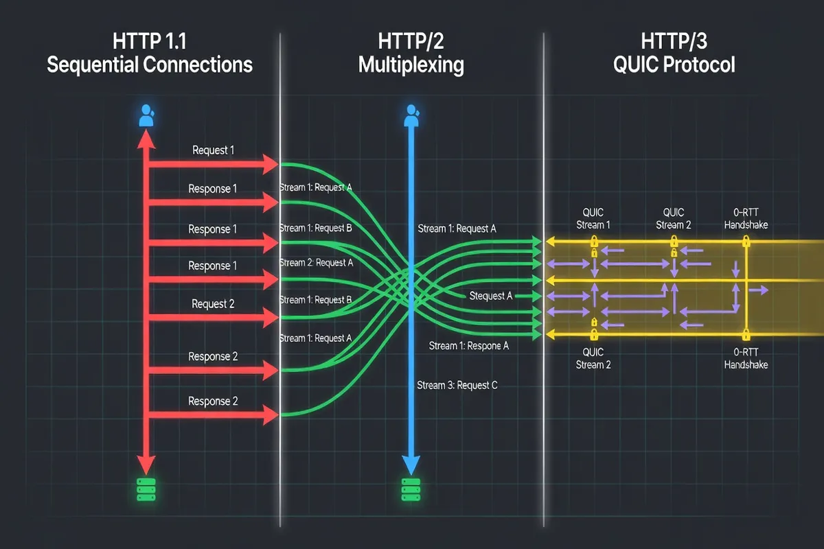 Comparaison des architectures HTTP/1.1, HTTP/2 et HTTP/3 : connexions séquentielles vs multiplexage vs QUIC