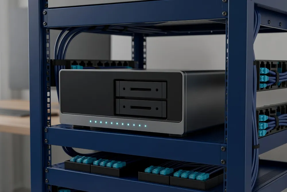 Administrateur réseau configurant un NAS en rack