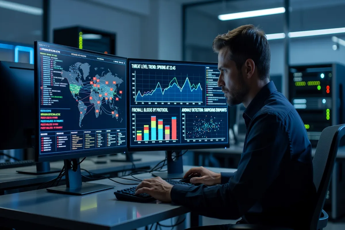 Thomas Bernardi, consultant en cybersécurité, dans son bureau avec deux écrans de monitoring