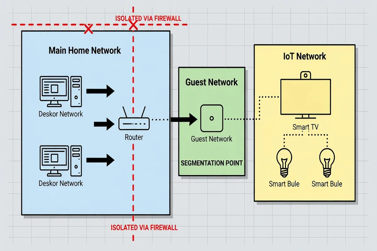 Schéma de segmentation réseau domestique : réseau principal (PC, smartphone) isolé du réseau IoT (TV, caméra, ampoules) via réseau invité