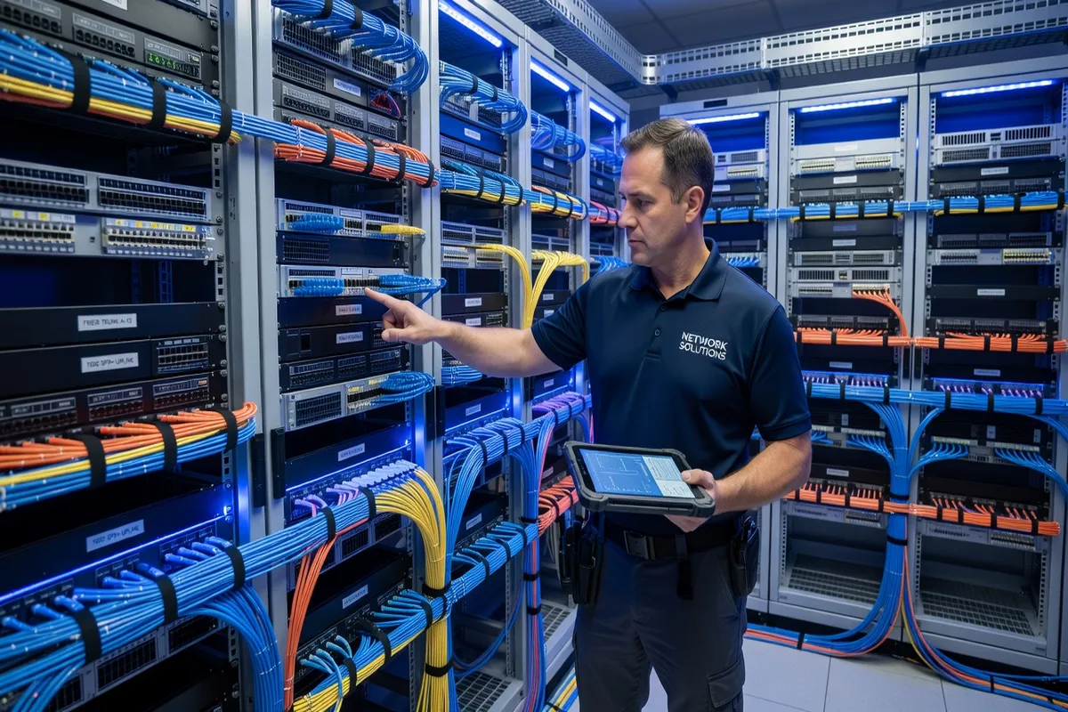 Sébastien Morel, ingénieur réseau FTTH, plan américain dans une salle technique, fond de baies de brassage optique