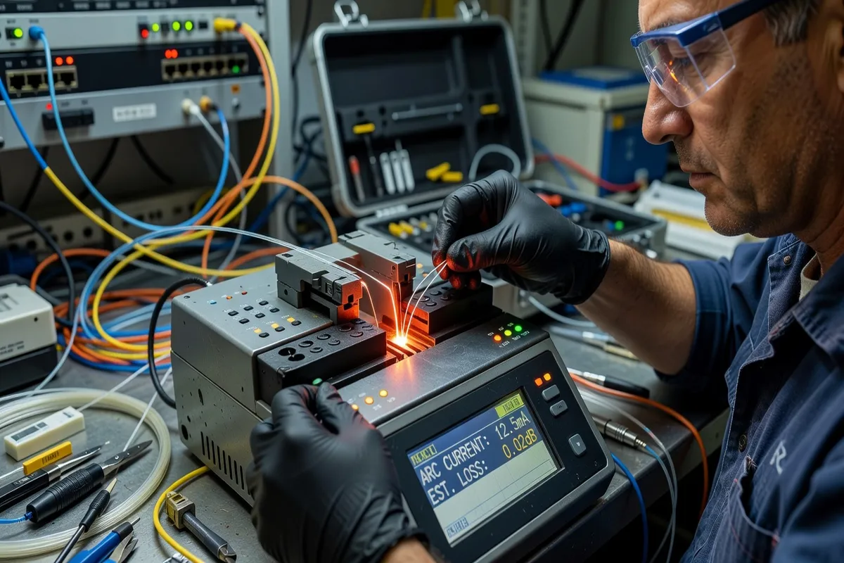 Technicien fibre réalisant une épissure optique dans un boîtier de raccordement en pied d’immeuble