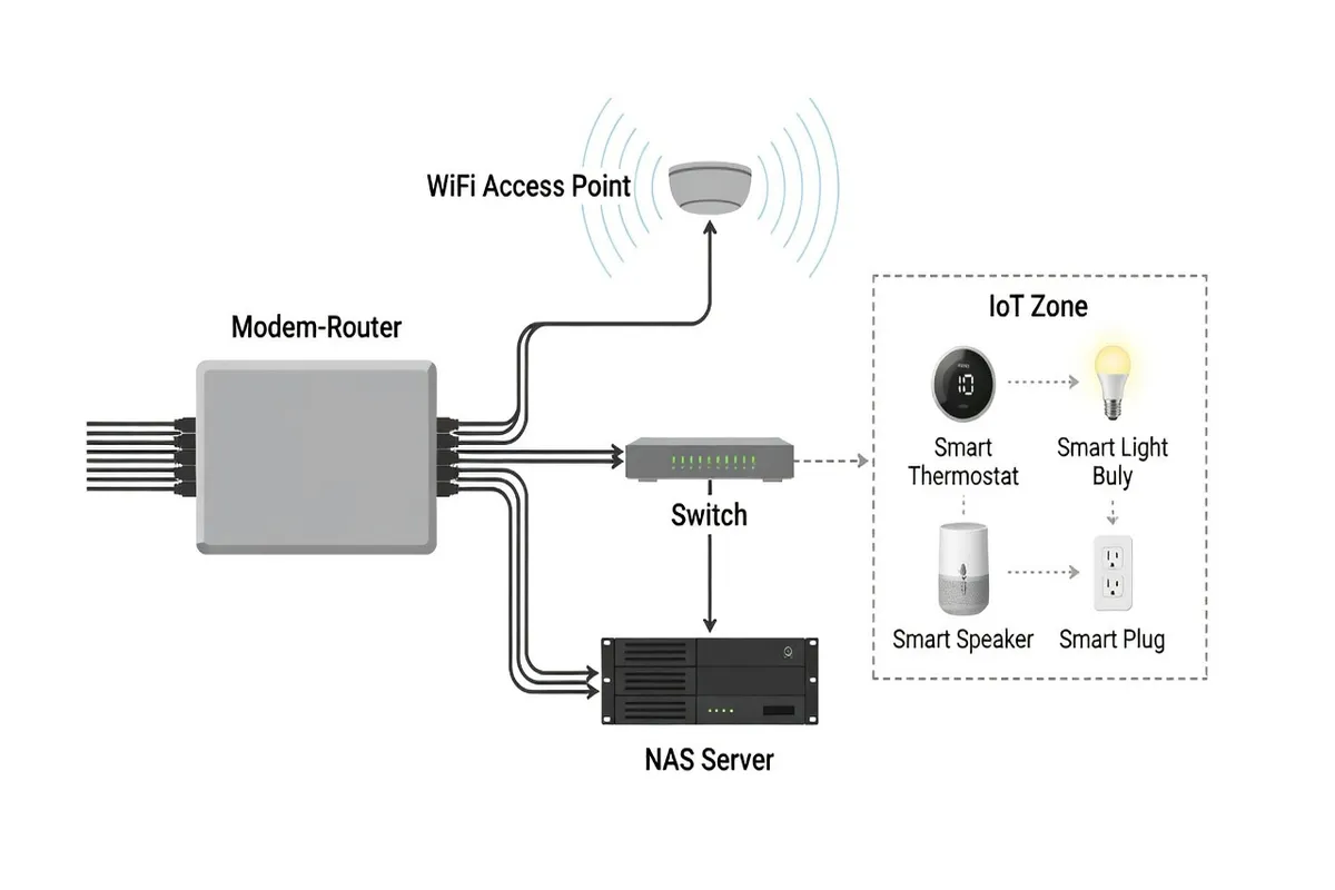 Schéma d’un réseau domestique avec box, switch, NAS, répéteur et zone IoT séparée