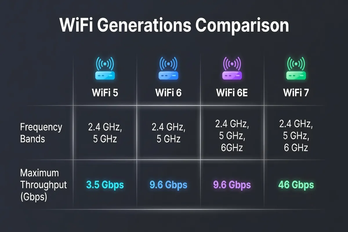 Tableau comparatif des générations WiFi : 5, 6, 6E et 7 avec leurs fréquences et débits max