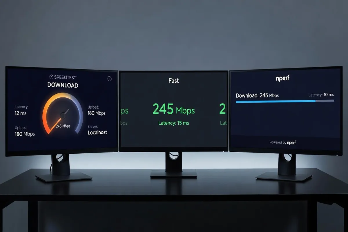 Capture d’écran comparative des interfaces de Speedtest.net, Fast.com et nperf.com sur desktop