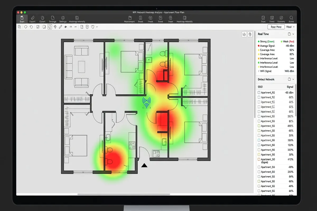 Capture de NetSpot montrant une heatmap de couverture WiFi dans un appartement