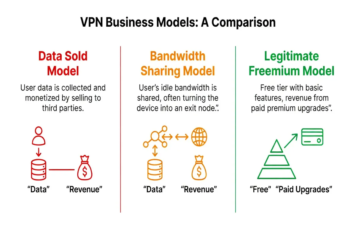 Comparaison des modèles de financement des VPN gratuits : données vendues, bande passante partagée, freemium légitime