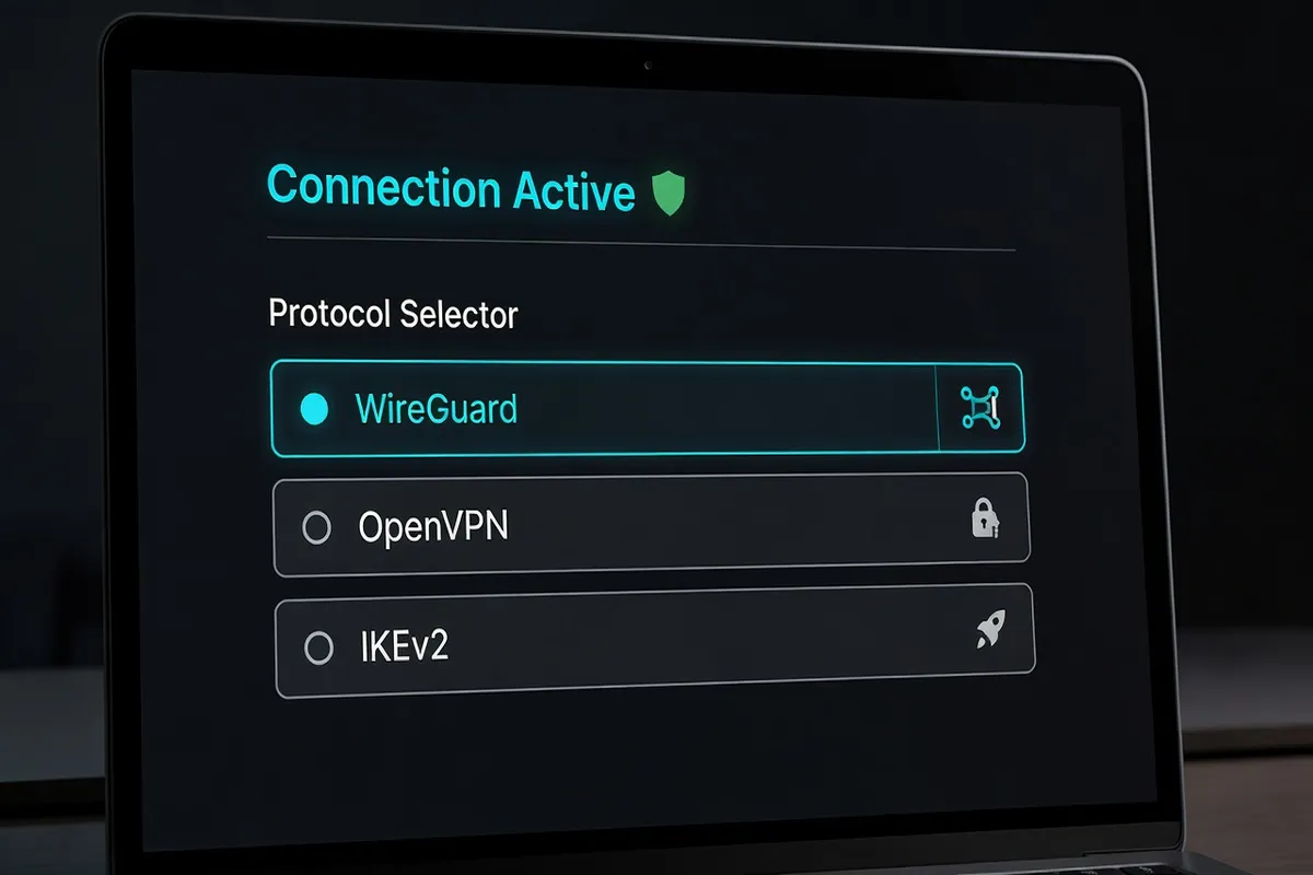 Interface d’une application VPN montrant le sélecteur de protocole avec WireGuard, OpenVPN et IKEv2
