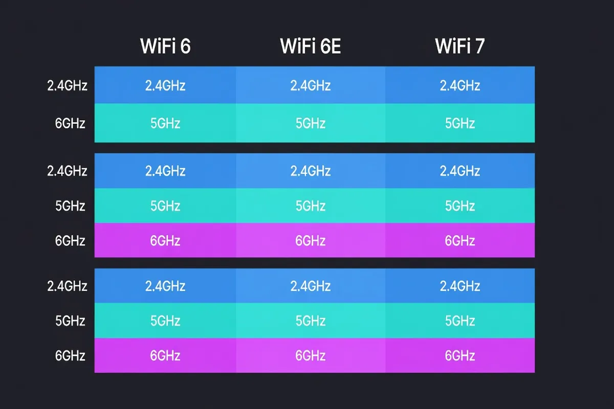 Schéma comparatif des bandes de fréquence WiFi 6E et WiFi 7, montrant les canaux disponibles sur 2,4, 5 et 6 GHz